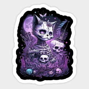 Pastel Goth Cat. Cute witchy goth cat and skulls Sticker